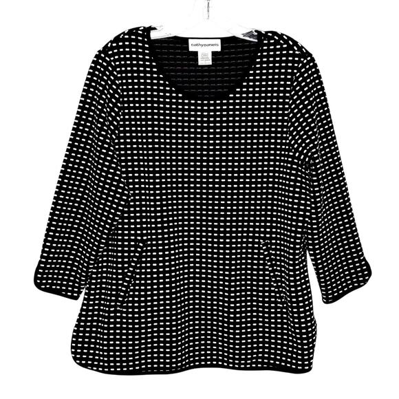 Cathy Daniels Wms L Black White Geometric Print Tunic Top Kangaroo Pocket Casual - Picture 1 of 8